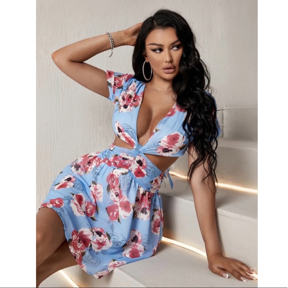 Blue Boho Cutout Crisscross Open Back Floral Dress